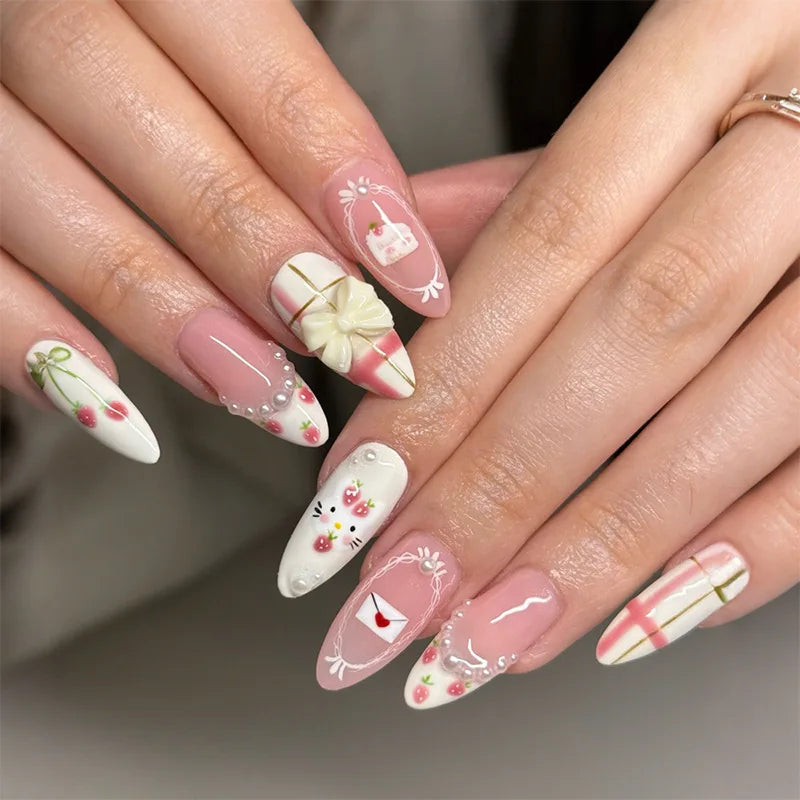 24PCS Wine Red Almond Press on Nails Cartoon Rabbit Bowknot with Plaid Pearl Designs French Fake Nails for Girls Detachable Nail