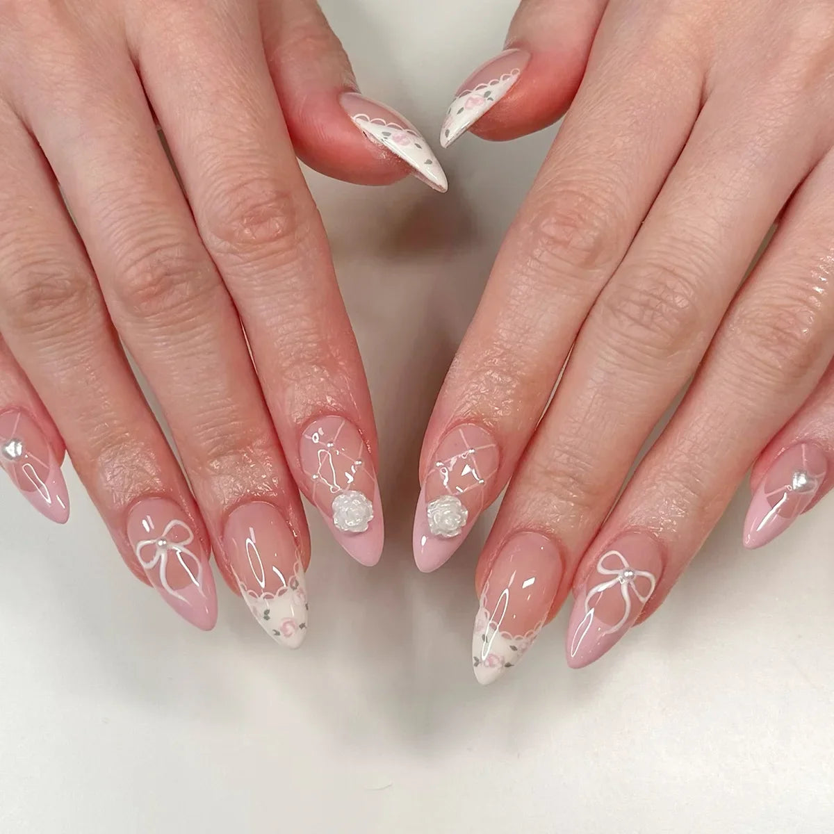 24PCS Wine Red Almond Press on Nails Cartoon Rabbit Bowknot with Plaid Pearl Designs French Fake Nails for Girls Detachable Nail