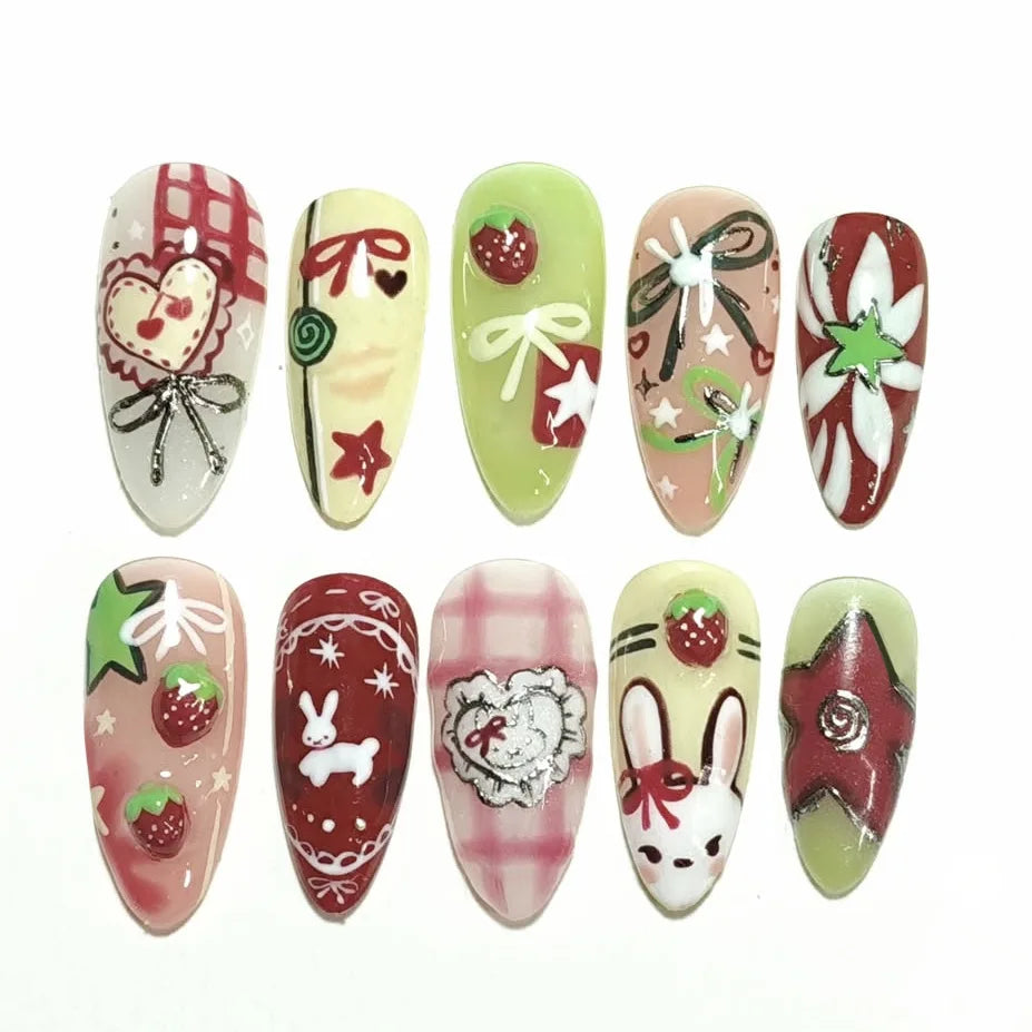 24PCS Wine Red Almond Press on Nails Cartoon Rabbit Bowknot with Plaid Pearl Designs French Fake Nails for Girls Detachable Nail