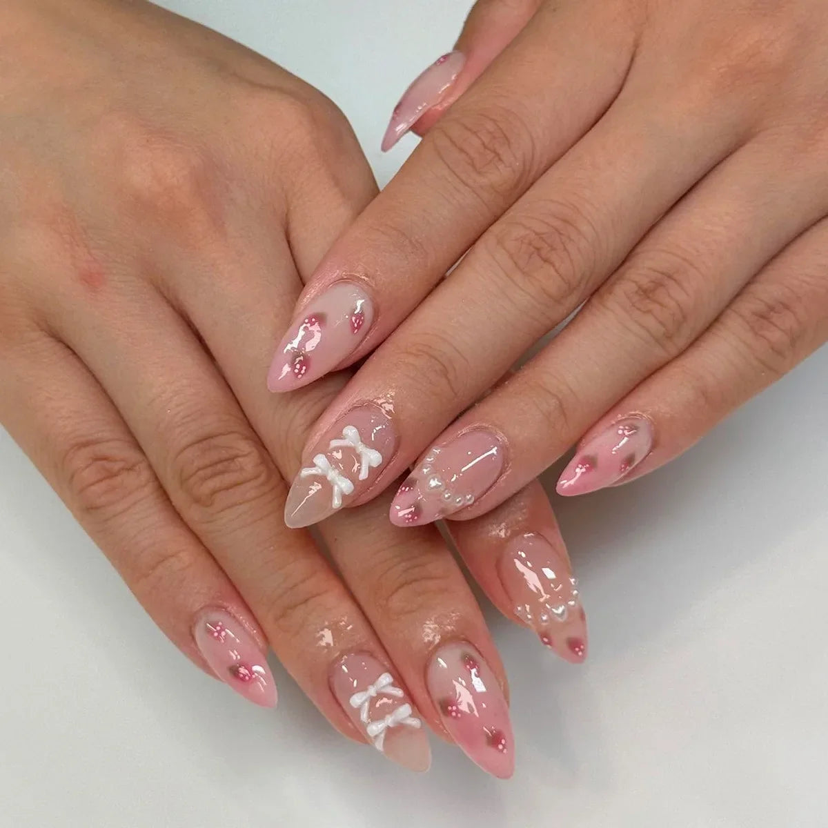 24PCS Wine Red Almond Press on Nails Cartoon Rabbit Bowknot with Plaid Pearl Designs French Fake Nails for Girls Detachable Nail