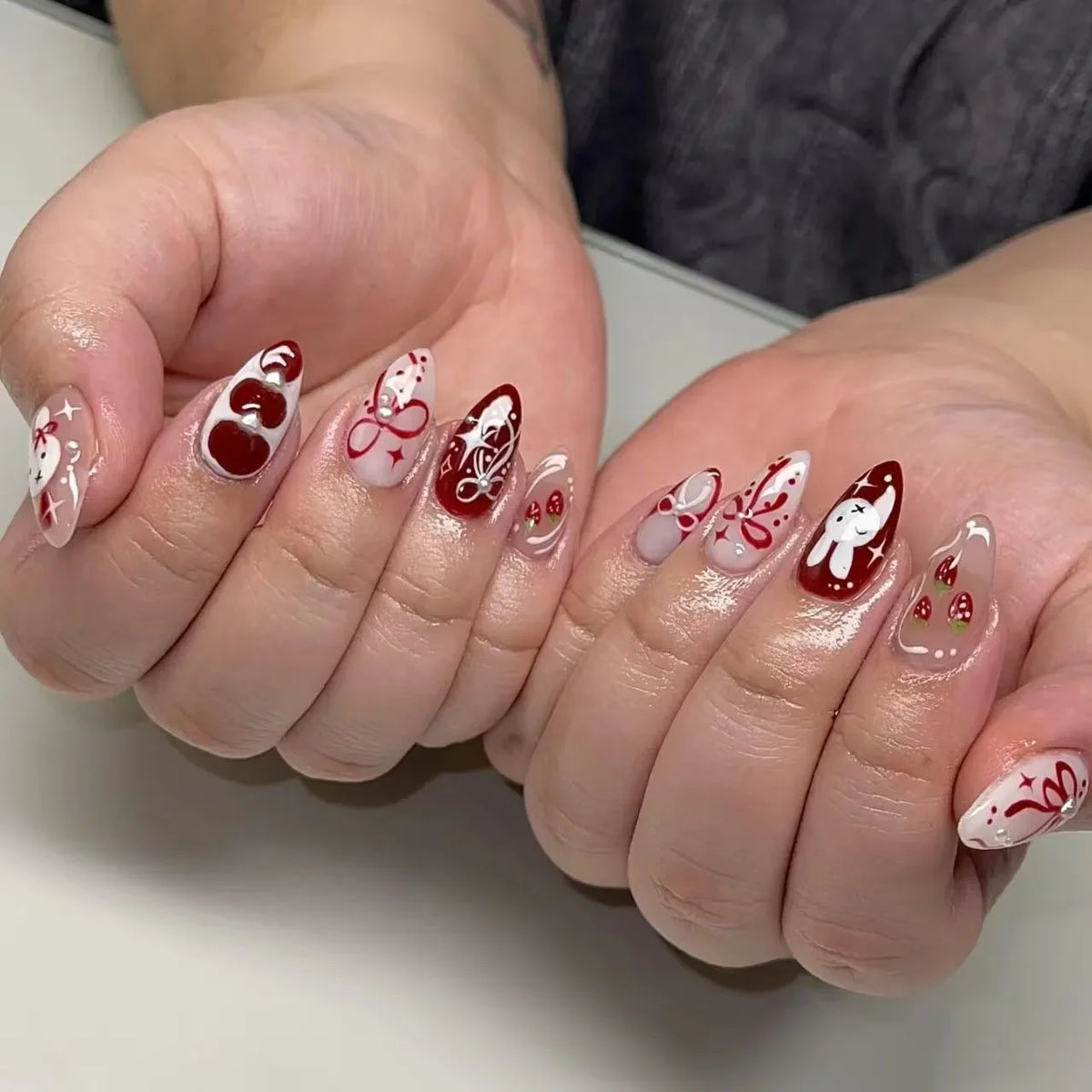 24PCS Wine Red Almond Press on Nails Cartoon Rabbit Bowknot with Plaid Pearl Designs French Fake Nails for Girls Detachable Nail