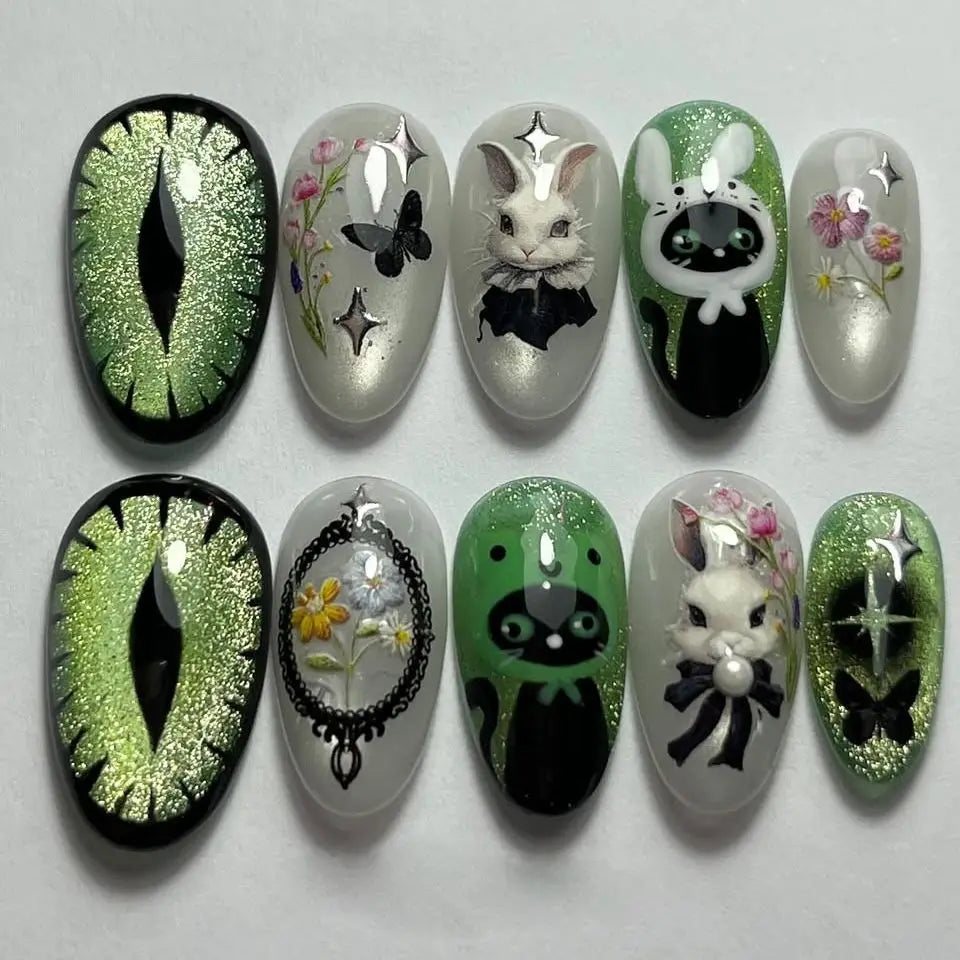 24PCS Wine Red Almond Press on Nails Cartoon Rabbit Bowknot with Plaid Pearl Designs French Fake Nails for Girls Detachable Nail
