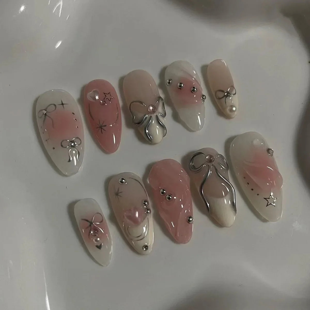 24PCS Wine Red Almond Press on Nails Cartoon Rabbit Bowknot with Plaid Pearl Designs French Fake Nails for Girls Detachable Nail